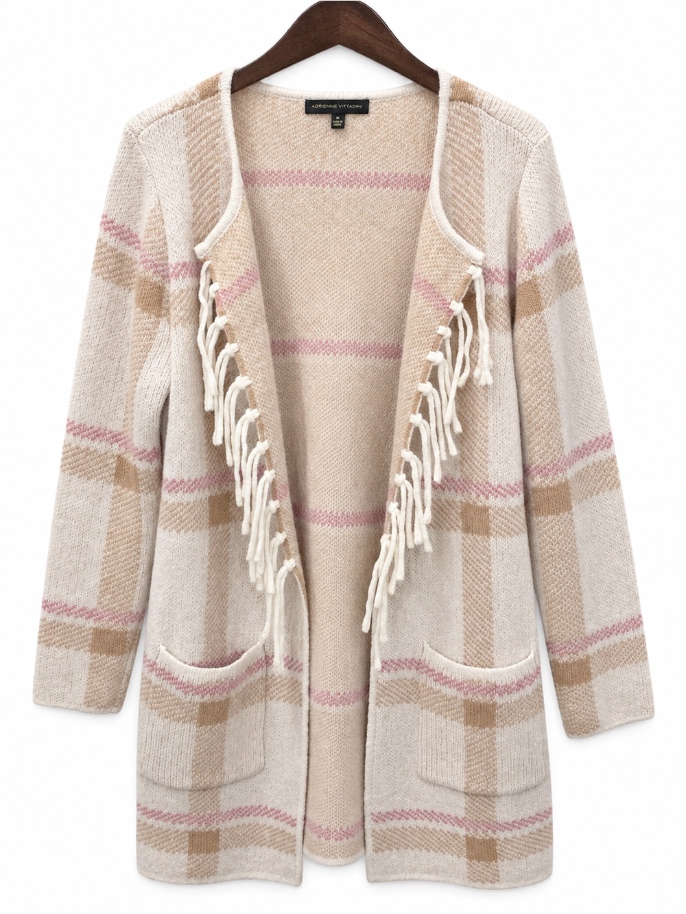 NWOT Fringed Open-Front Plaid Cardigan Sweater - Beige & Pink
